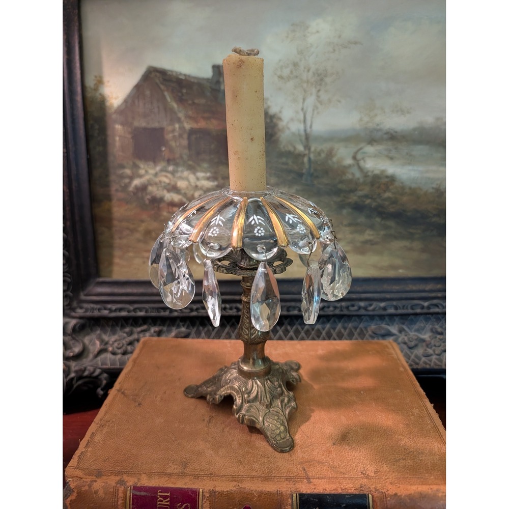 Vintage Victorian Brass Candlestick Holder & Hand Painted Bobeche 7x4